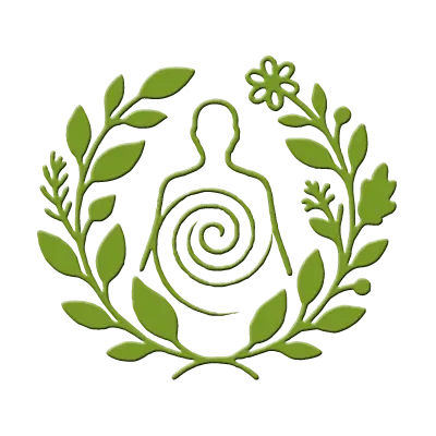 Grünes Logo für Naturheilkunde: Meditierende Silhouette mit Spirale im Körper, umrahmt von einem Pflanzen- und Blütenkranz.