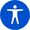 Kreisrunde blaue Fläche mit einer Figur in weiß, die ihre Arme ausbreitet.